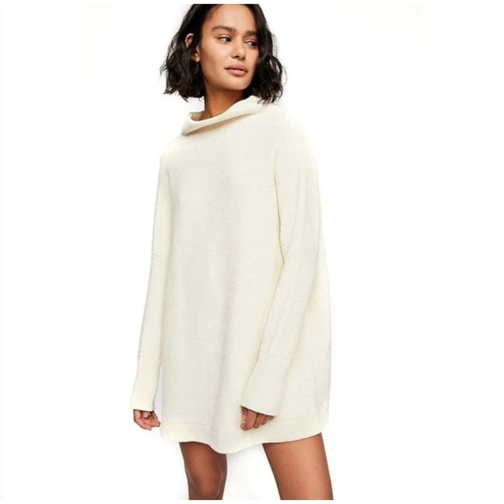Free People Ribbed Cowl‎ Neck Oversized Sweater Lagenlook Boho Chic Tunic Size L